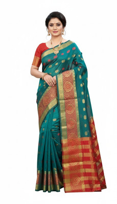 ShivMaya Woven Banarasi Silk Blend, Georgette Saree(Gold, Red, Green)