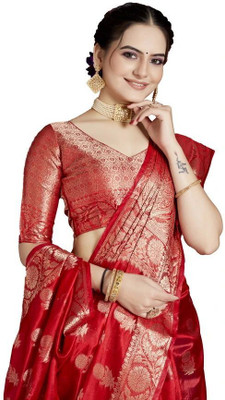 SHRIMAY Blocked Printed Banarasi Organza Saree(Red)