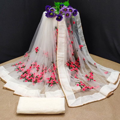 PATLANI STYLE Embroidered Bollywood Net Saree(White)