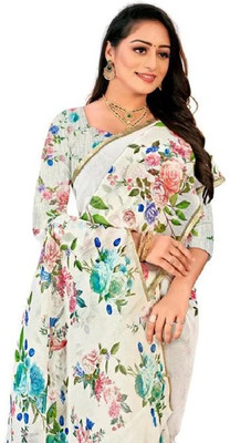 Marabout Digital Print Bollywood Cotton Linen Saree(White, Green)