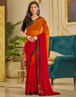SIRIL Ombre, Solid/Plain, Embellished Bollywood Georgette Saree(Red, Orange)