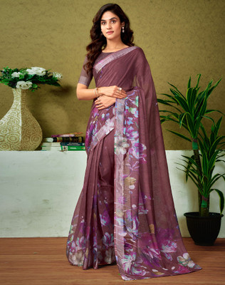 Divastri Digital Print, Floral Print, Printed Bollywood Linen Saree(Brown)