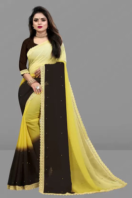WOM BAB Embellished, Solid/Plain Bollywood Georgette Saree(Yellow, Brown)