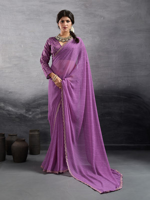 LeeliPeeri Designer Self Design Leheria Georgette Saree(Purple)