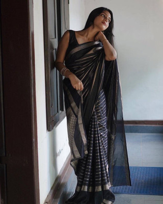 NIRLABH Striped Banarasi Pure Silk Saree(Black)