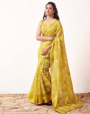 SIRIL Printed Bollywood Cotton Blend Saree(Yellow, White)