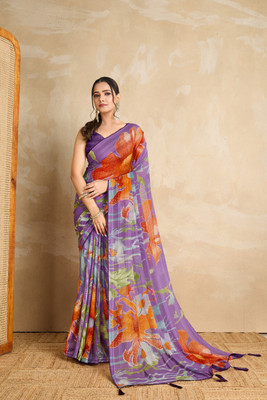 RekhaManiyar Printed Saree with Attached Blouse Georgette Saree(Purple)