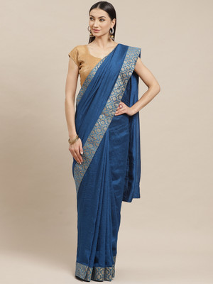 Fourleaf Solid/Plain Daily Wear Silk Blend Saree(Blue)