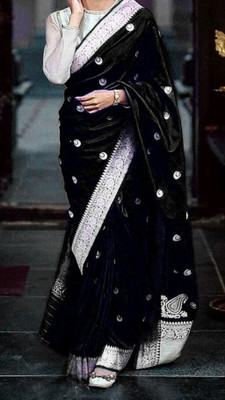 Sundaramtextile Printed Banarasi Handloom Satin Saree(Black)