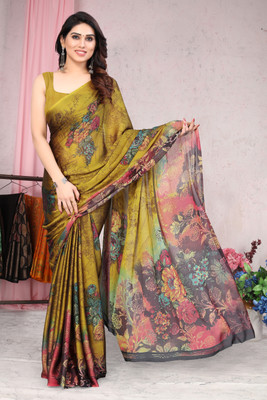MIRCHI FASHION Printed, Floral Print Daily Wear Chiffon, Georgette Saree(Mustard)