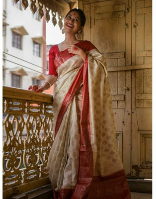 VADTALWALA Self Design Banarasi Jacquard Saree(Cream, Red)