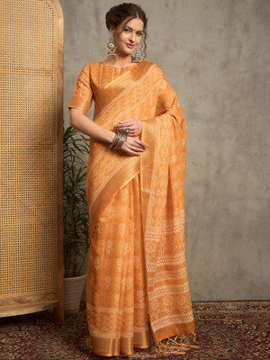 ANOUK Printed Hand Batik Linen Saree(Orange)