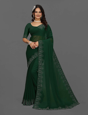 DHRAM CREATION Solid/Plain, Dyed, Embellished, Woven Bollywood Georgette Saree(Green)