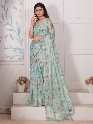 Sareemall Embellished Bollywood Organza Saree(Light Blue)