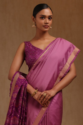 soch Solid/Plain Saree with Attached Blouse Silk Blend Saree(Purple)