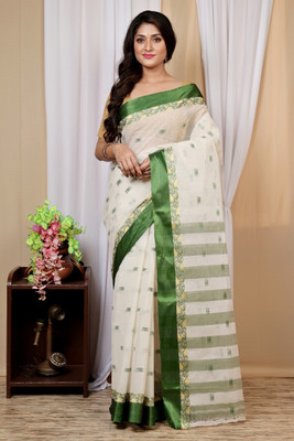 DipDiya Checkered Tant Pure Cotton Saree(Green)