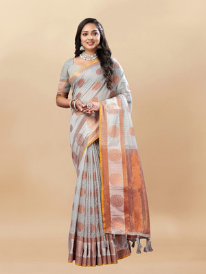 KRIYANSH Self Design, Woven, Printed, Temple Border, Striped Paithani Jacquard, Cotton Silk Saree(Grey)