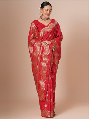 House of Pataudi Woven Paithani Silk Blend Saree(Red)