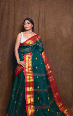 SUDIPTO SAREE HUB Printed Tant Handloom Pure Cotton Saree(Dark Green)