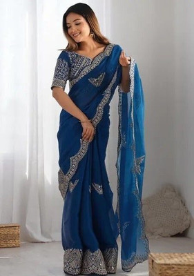kraddle Embroidered Bollywood Jimmy choo Saree(Dark Blue)