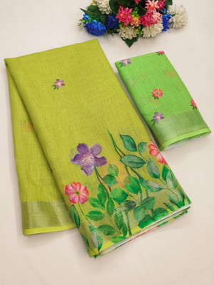 parakhiya fab Printed Bollywood Cotton Linen, Cotton Silk Saree(Light Green)