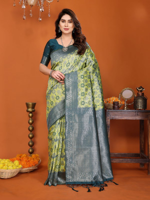 VASTUKALA Woven Kanjivaram Pure Silk, Art Silk Saree(Yellow, Blue)