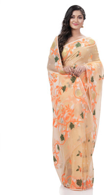 Desh Bidesh Embellished, Solid/Plain, Self Design, Floral Print, Woven Jamdani Handloom Cotton Blend, Pure Cotton Saree(Orange)