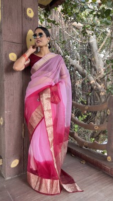 Bansari Textiles Embroidered, Self Design, Woven, Printed, Temple Border, Striped Bollywood Jacquard, Organza Saree(Pink)