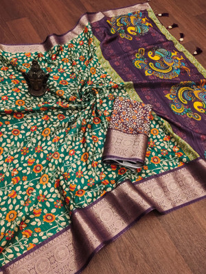 aaravtrendz Printed Banarasi Pure Silk Saree(Multicolor)