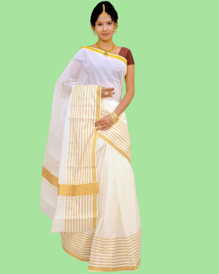 BrahamTraders Woven Kasavu Pure Cotton Saree(White)