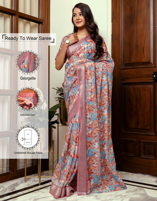 Samah Geometric Print, Woven, Embellished Bollywood Linen Saree(Blue, Pink)