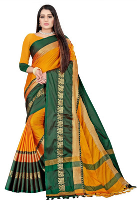 umanta Embellished Daily Wear Silk Blend Saree(Gold, Green)