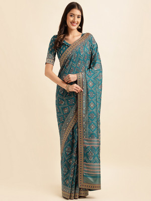 Divastri Printed Bandhani Silk Blend Saree(Blue)