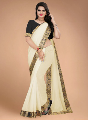 Volmina Solid/Plain, Woven Chanderi Cotton Blend Saree(Cream)