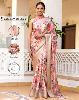 Samah Printed Bollywood Silk Blend Saree(Multicolor, Pink, Beige)