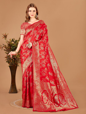 SNH EXPORT Floral Print Banarasi Jacquard Saree(Red)