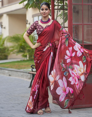 SIRIL Floral Print, Printed Bollywood Satin Saree(Maroon, Multicolor)