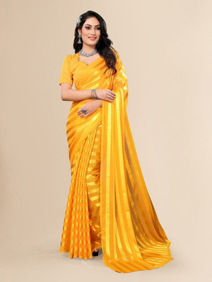 Moda Rapido Striped, Self Design Daily Wear Satin Saree(Yellow)