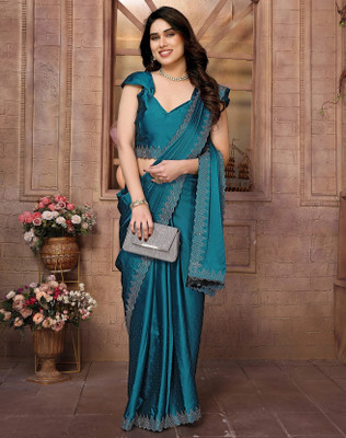YASHIKA Embellished Bollywood Jimmy choo, Satin Saree(Blue)