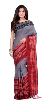 Krishneshwari Woven Handloom Pure Cotton Saree(Grey, Black, Red)