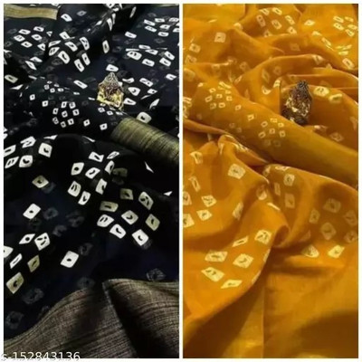 Grubstaker Printed Bandhani Cotton Linen Saree(Pack of 2, Multicolor)