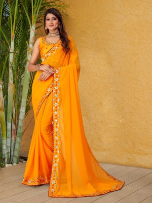 Tejal Creation Solid/Plain Bollywood Georgette Saree(Yellow)