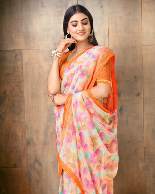 AMBUJAINTERNATIONAL Printed Bollywood Chiffon Saree(Orange)