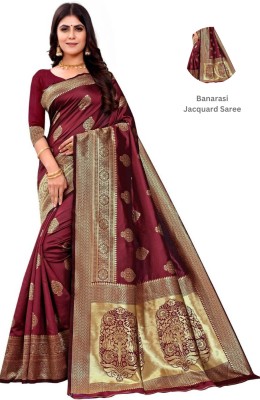 GINNYPRINTS Floral Print, Self Design, Embellished, Woven, Applique Kanjivaram Jacquard, Pure Silk Saree(Maroon)