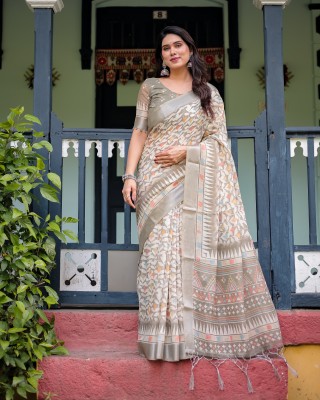 maharani couture Digital Print Handloom Cotton Linen Saree(Grey)