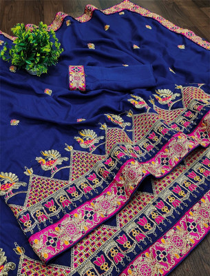 Divastri Embroidered, Self Design Bollywood Silk Blend Saree(Dark Blue)