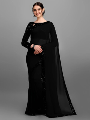 JAGA CREATION Solid/Plain Bollywood Georgette Saree(Black)