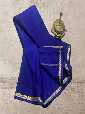 YAANAA FASHION Solid/Plain Mysore Handloom Cotton Silk Saree(Dark Blue)