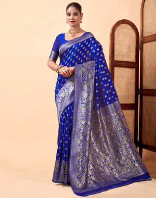 Divastri Woven Kanjivaram Silk Blend, Jacquard Saree(Blue)