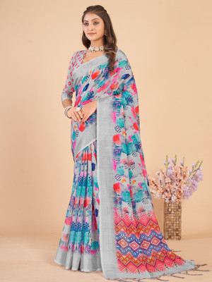 Divastri Printed Daily Wear Linen Saree(Grey)